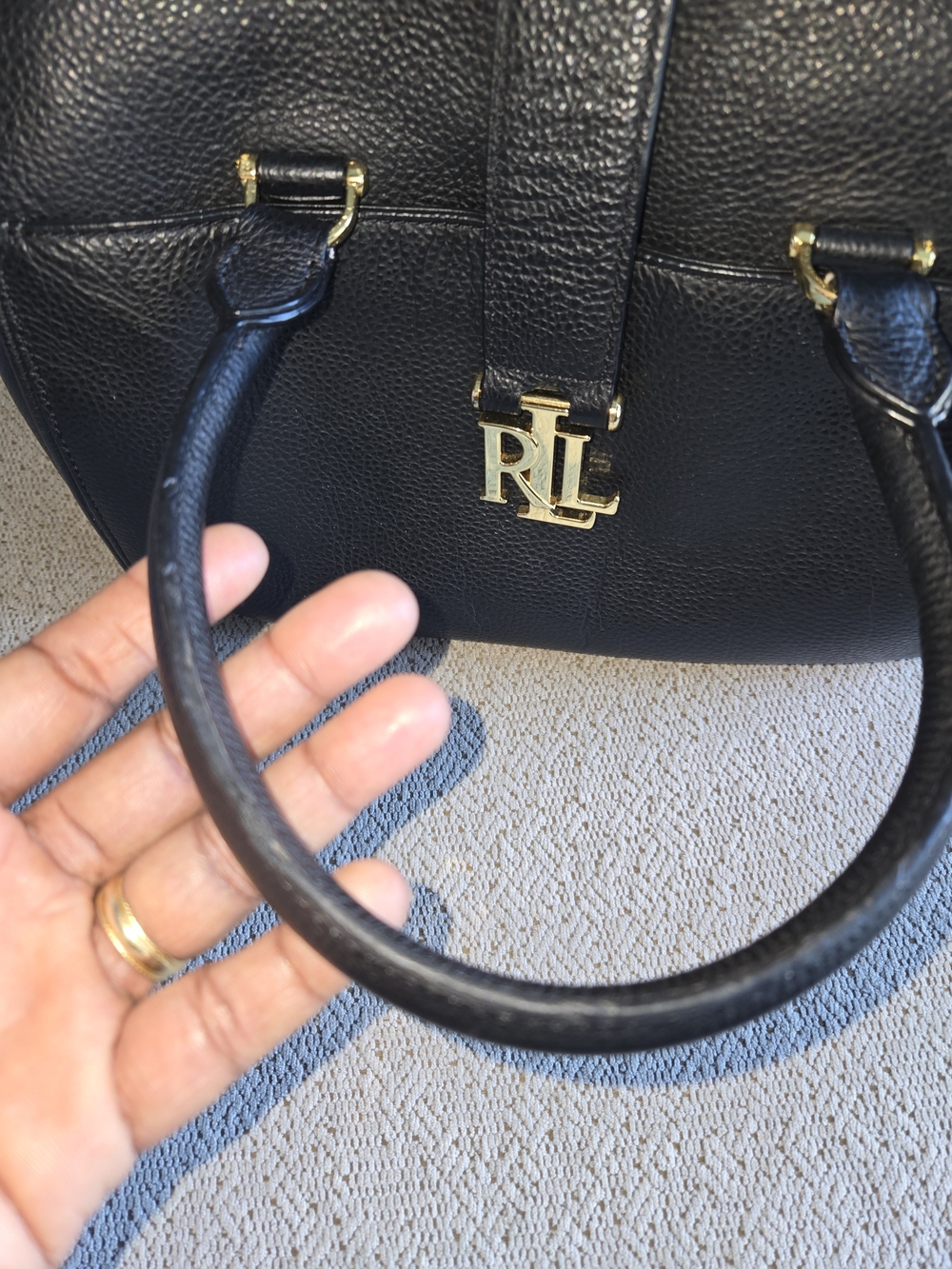 Ralph Lauren Black Pebbled Leather Satchel with Gold RL Logo - Picture 3 of 6